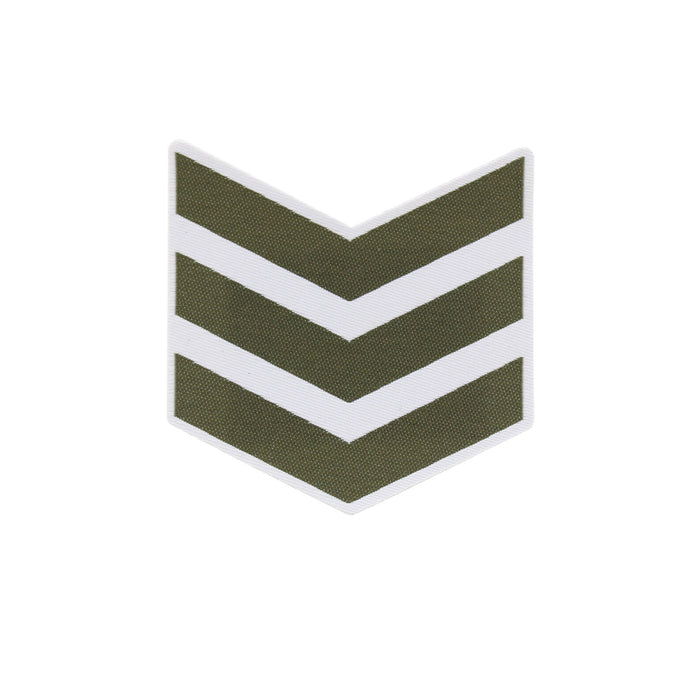 An embroidered chevron insignia patch featuring three olive green stripes separated by white stripes, finished with a white border. - Image