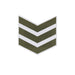 An embroidered chevron insignia patch featuring three olive green stripes separated by white stripes, finished with a white border. - Image