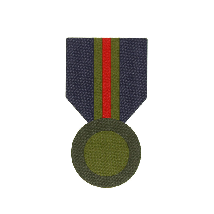 A military-style patch on a white background, featuring a navy, red and olive green naval stripe - Image