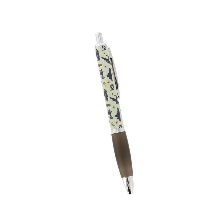 A retractable ballpoint pen with a light sage green barrel decorated with a military print - Image