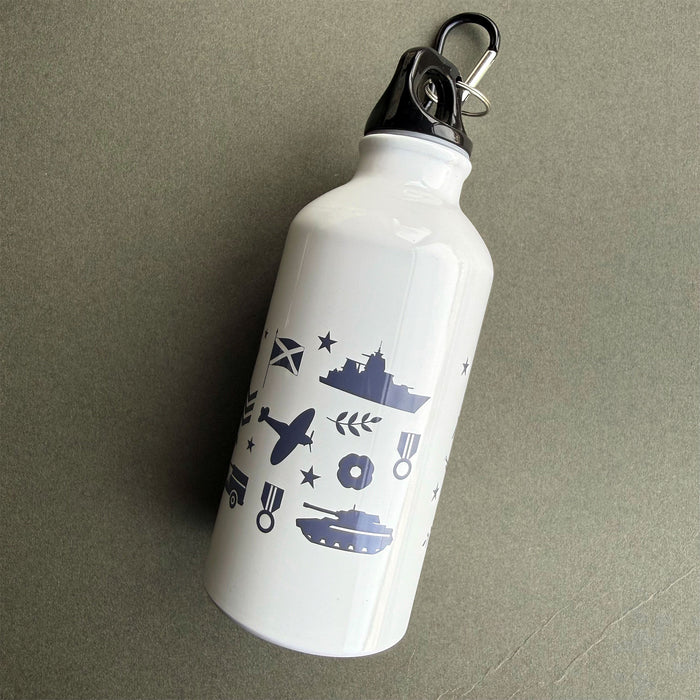 A white insulated water bottle with a black lid and metal carabiner, decorated with navy blue military-themed silhouettes including a ship, plane, tank, stars, and medals, shown on a textured gray background. - Image