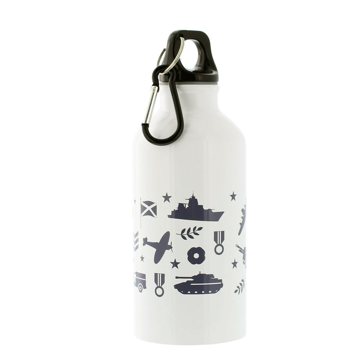 A white insulated water bottle with a black carabiner and black cap, decorated with navy blue military-themed icons including a ship, tank, plane, stars, and medals. - Image