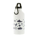 A white insulated water bottle with a black carabiner and black cap, decorated with navy blue military-themed icons including a ship, tank, plane, stars, and medals. - Image