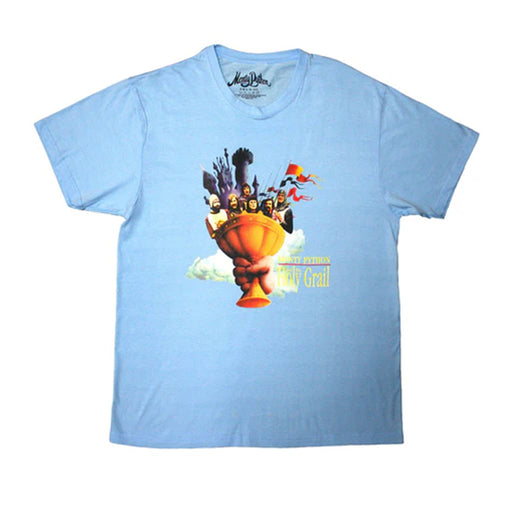 Light blue t-shirt with a graphic design of Monty Python's Holy Grail on a white background - Image
