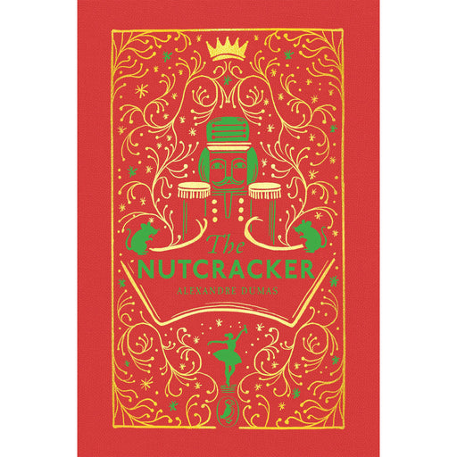 Book cover of 'The Nutcracker' with decorative elements on a red background - Image