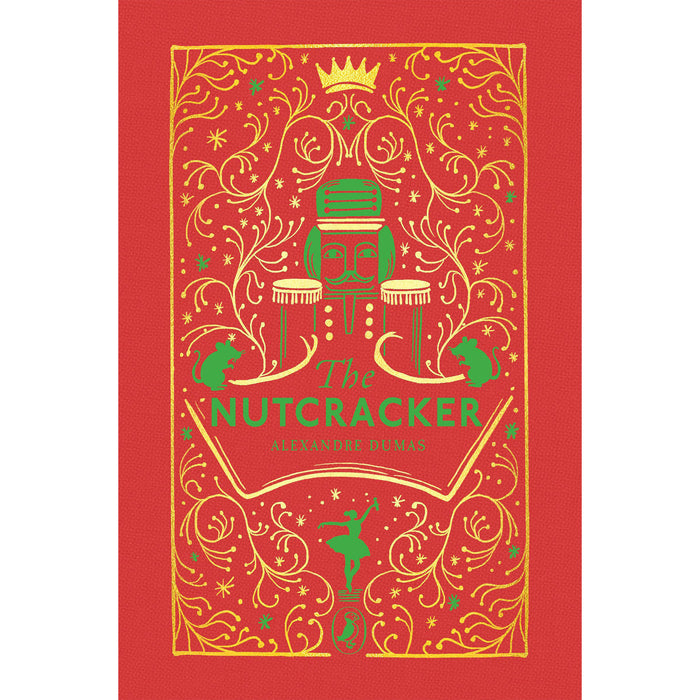 Book cover of 'The Nutcracker' with decorative elements on a red background - Image