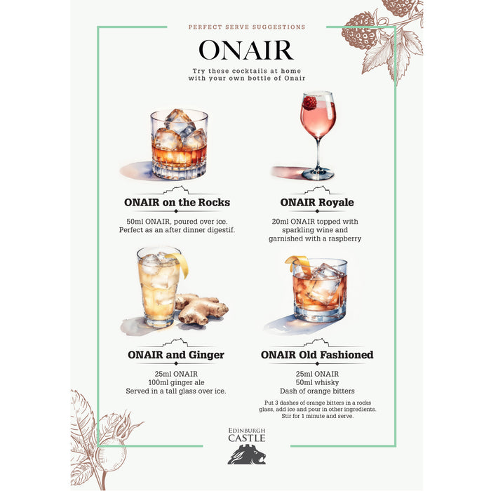 Onair cocktail recipe card with four drink illustrations and text. - Image