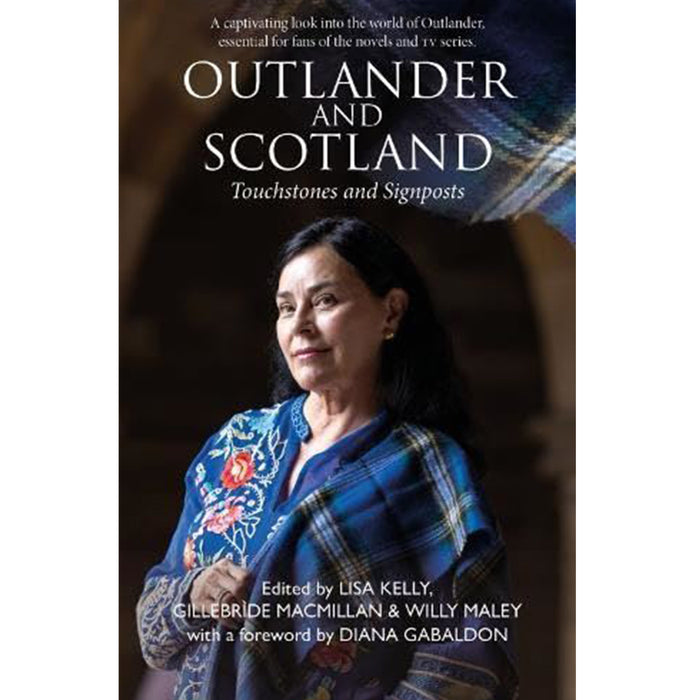 Book cover of 'Outlander and Scotland' with a woman wearing a plaid garment. - Image