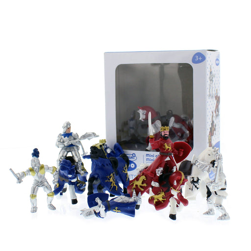 Set of toy figures in front of a packaging box on a white background - Image