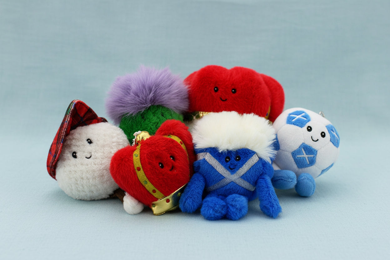 Set of colorful plush toys with faces on a white background - Image