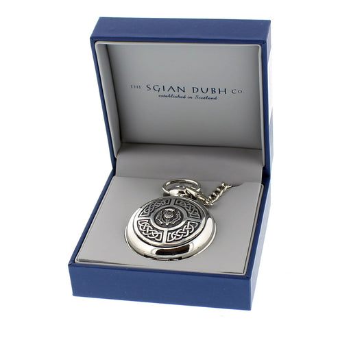 Silver pocket watch in a blue and white box with 'The Sgian Dubh Co' branding. - Image