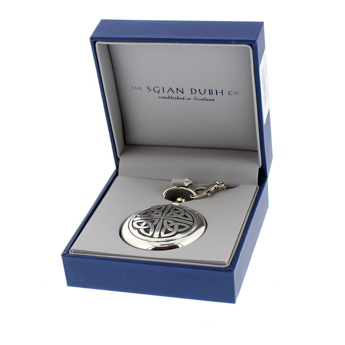 Silver Celtic knot design pocket watch and keychain in a blue box with 'The Sgian Dubh Co' branding. - Image
