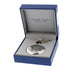 Silver Celtic knot design pocket watch and keychain in a blue box with 'The Sgian Dubh Co' branding. - Image