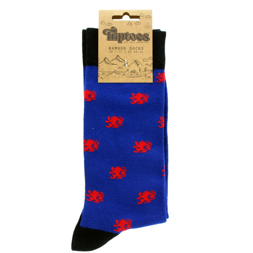 Blue socks with red lion rampant print and a visible brand tag on a white background - Image