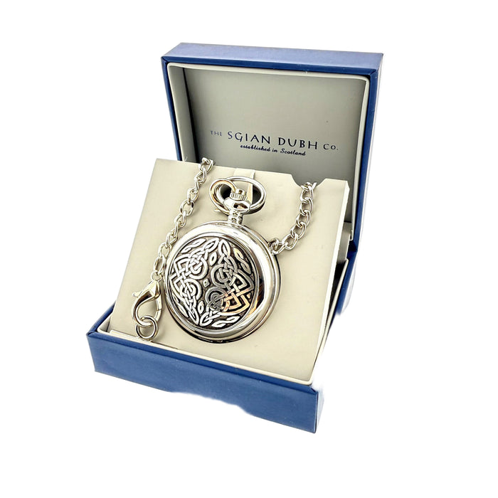 Silver pocket watch with celtic design in a branded box - Image