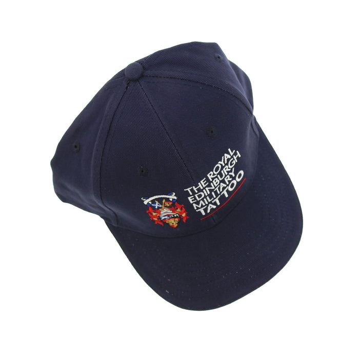 A navy blue baseball cap featuring embroidered text that reads 'THE ROYAL EDINBURGH TATTOO' in white, with a small red and gold crest logo on the side, set against a plain white background. - Image
