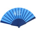 A folding hand fan in shades of blue, featuring the white printed logo and text 'THE ROYAL EDINBURGH MILITARY TATTOO' on the upper fan ribs, set against a plain white background. - Image