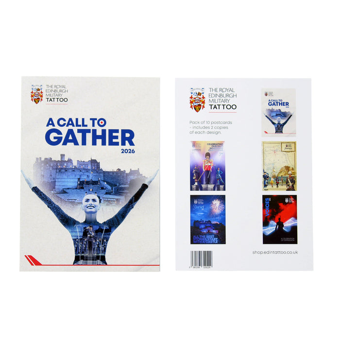 A call to gather 2026 Royal Edinburgh Military Tattoo postcard pack shown front and back on a white background. The front features a white background with blue and red text and a double-exposure graphic of a person with raised arms over a stadium. - Image