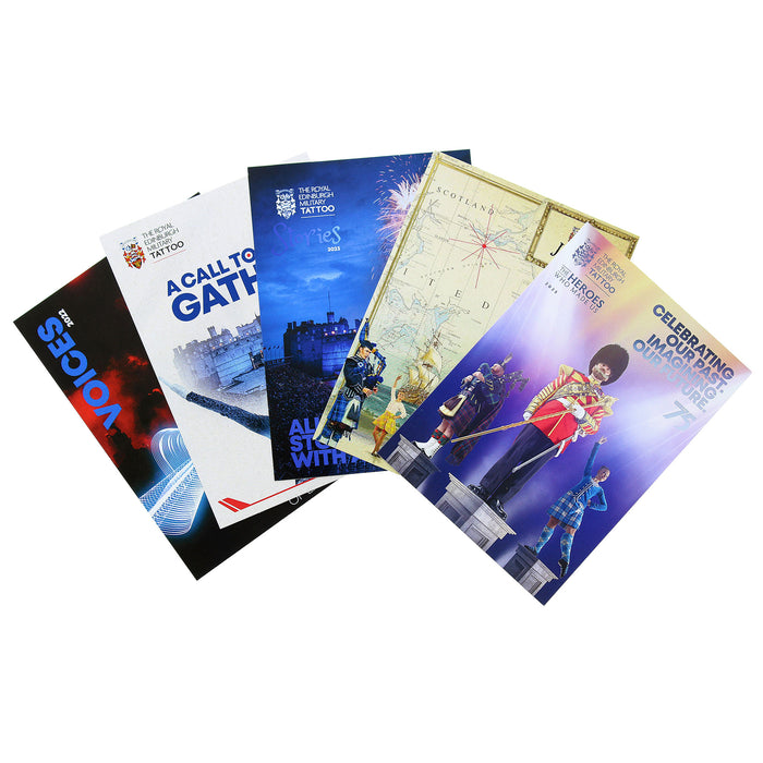Five fanned-out printed postcards with colorful graphics and text for the Royal Edinburgh Military Tattoo - Image