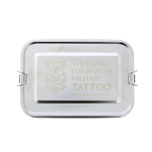 A rectangular metal tin with a hinged lid, featuring the text 'THE ROYAL EDINBURGH MILITARY TATTOO' and a crest printed in a light metallic colourway. - Image