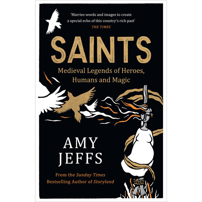 Black book cover for Saints featuring white doves, gold text and a depiction of a woman on fire. - Image