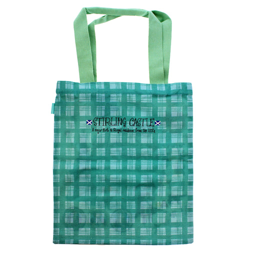 Reverse side of a cotton tote with green tartan print - Image