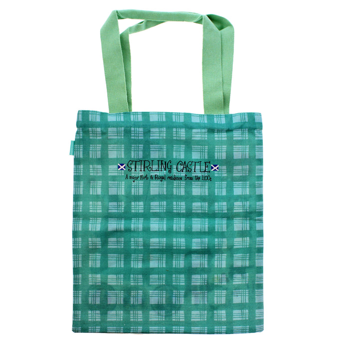 Reverse side of a cotton tote with green tartan print - Image