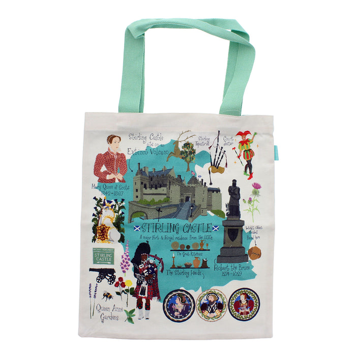 Canvas tote bag with design featuring Stirling Castle icons and landmarks - Image
