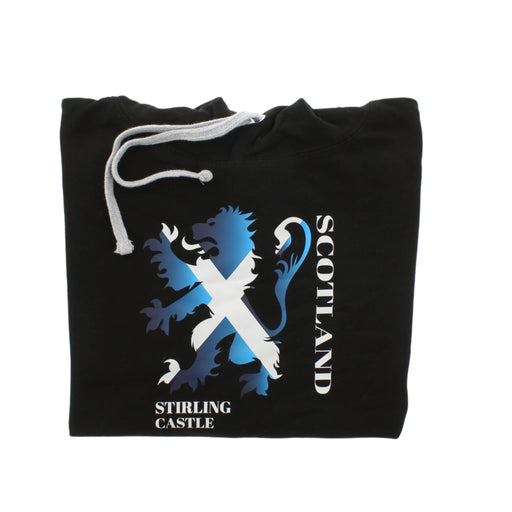 Folded black hoodie featuring the lion rampant with a saltire print. The text reads Scotland and Stirling Castle.  - Image