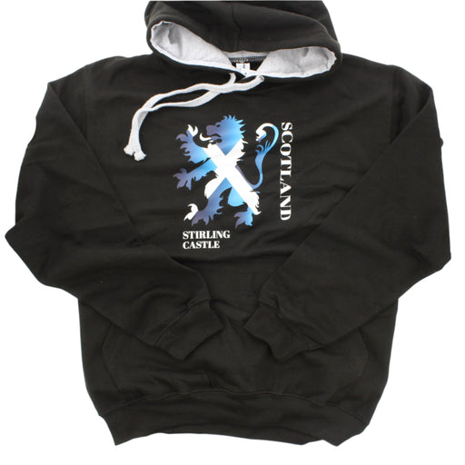 Black hoodie featuring the lion rampant with a saltire print. The text reads Scotland and Stirling Castle - Image