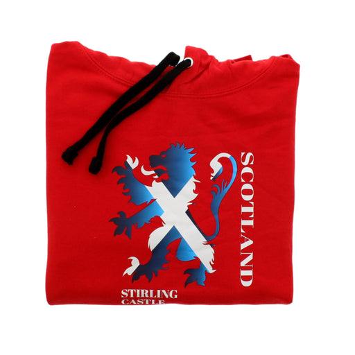 Folded red hoodie featuring the lion rampant with a saltire print. The text reads Scotland and Stirling Castle.  - Image