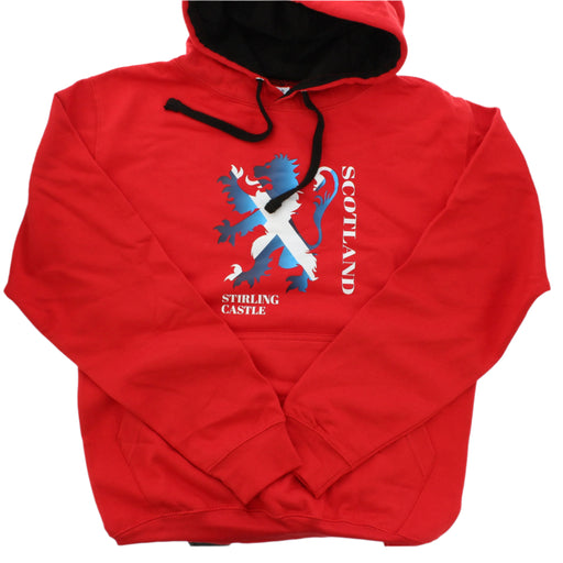 Red hoodie featuring the lion rampant with a saltire print. The text reads Scotland and Stirling Castle.  - Image