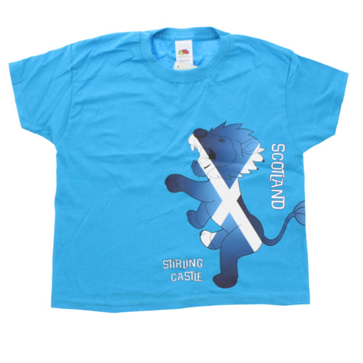 Kids Blue T-shirt featuring the Lion Rampant with a saltire print. The text reads Scotland and Stirling Castle.  - Image