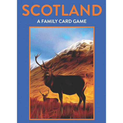 Card game box titled 'Scotland - A Family Card Game' with a deer illustration on a blue background - Image