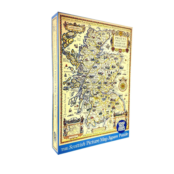 Jigsaw puzzle box featuring a map of Scotland on a white background - Image
