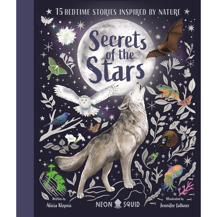 Book cover of Secrets with the stars features a howling wolf and night animals against a night sky.  - Image