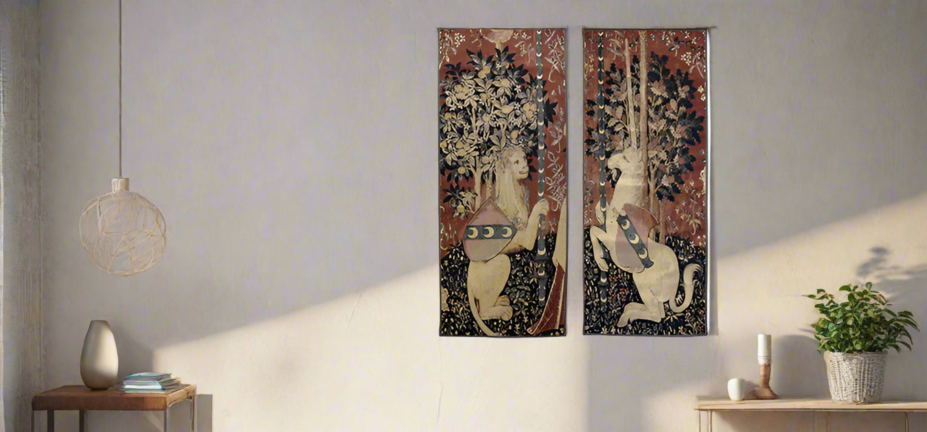 Two decorative tapestry panels hanging on a modern living room. - Image