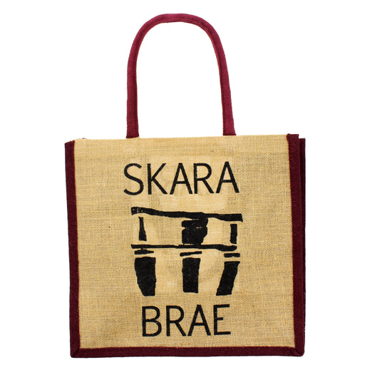 Jute bag with 'SKARA BRAE' text and logo on a white background - Image
