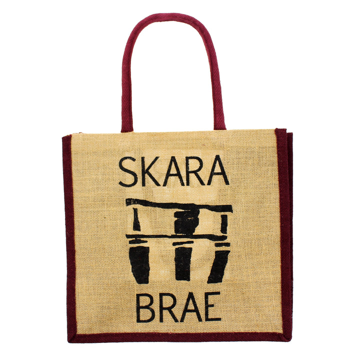 Jute bag with 'SKARA BRAE' text and logo on a white background - Image