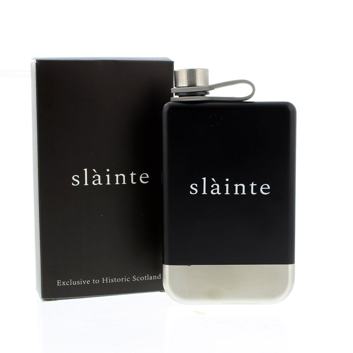 Black and silver rectangular shaped hip flask with 'Slainte' printed along with black box. - Image