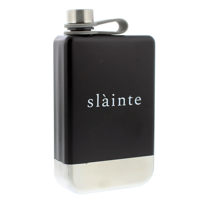 Black and silver rectangular shaped hip flask with 'Slainte' printed.  - Image