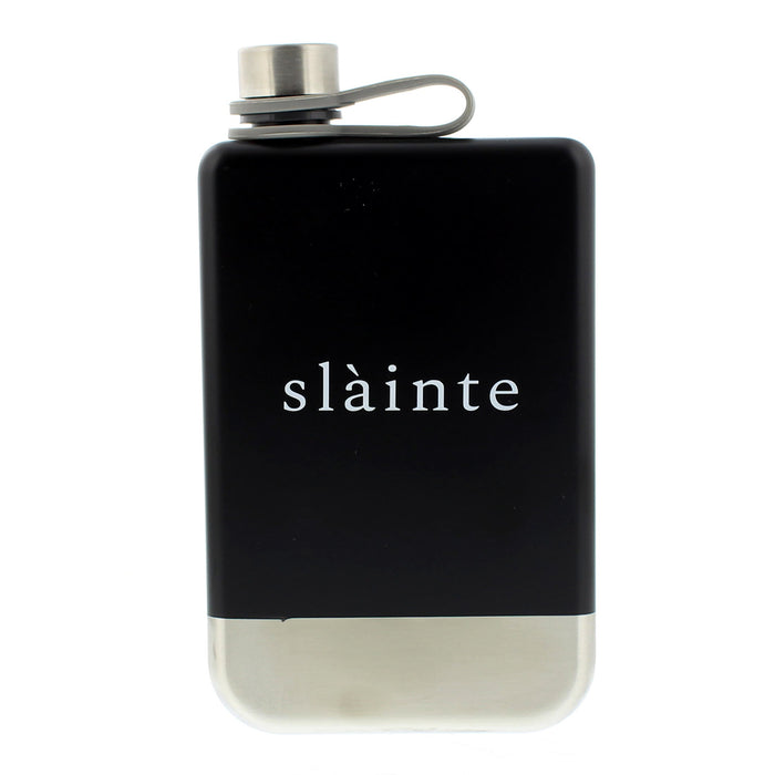 Black and silver rectangular shaped hip flask with 'Slainte' printed.  - Image