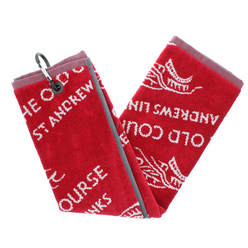Red golf towel with white St Andrews golf course print.  - Image