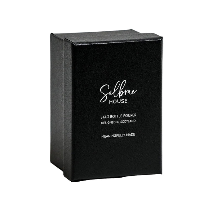 Black presentation box for the Stag Bottle pourer with 'Selbrae House' branding on a white background - Image
