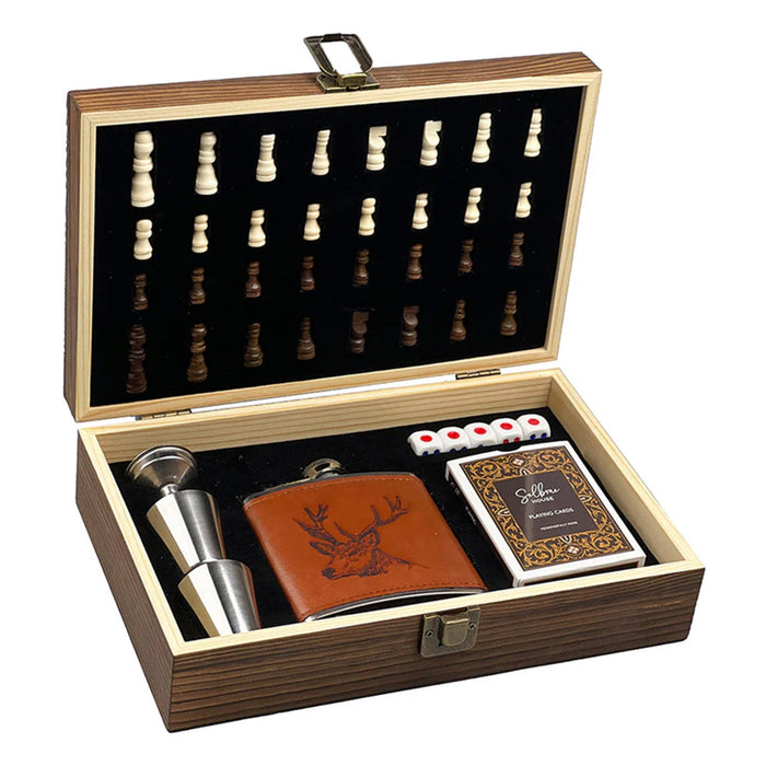 wooden games set containing a hip flask, chess pieces and other games pieces.  - Image
