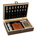 wooden games set containing a hip flask, chess pieces and other games pieces.  - Image
