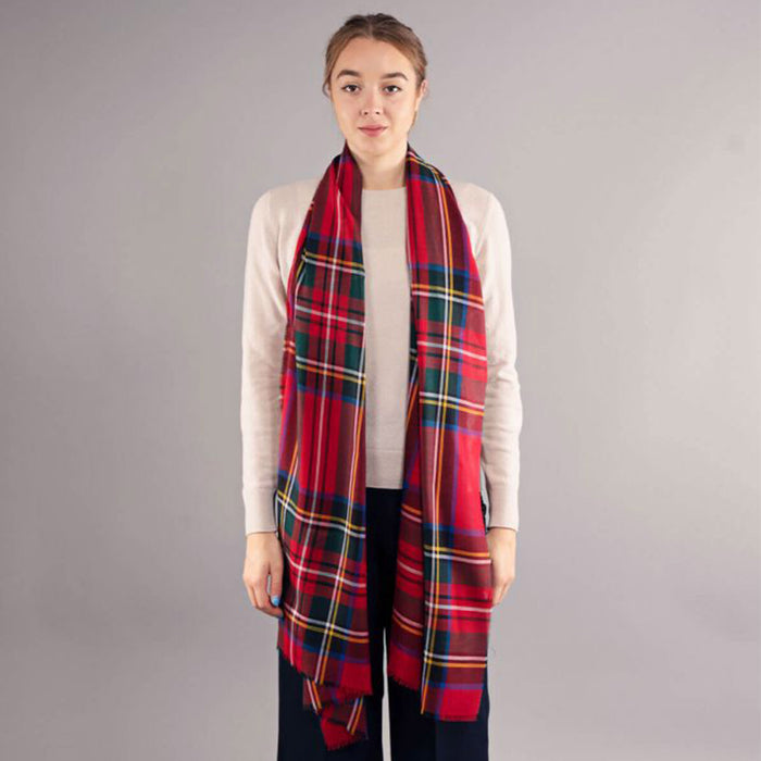 Person wearing a tartan scarf and beige sweater against a gray background - Image