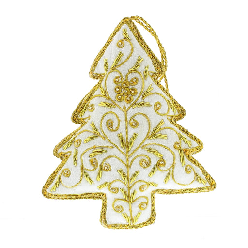 White tree shaped decoration with gold embroidery and trim - Image