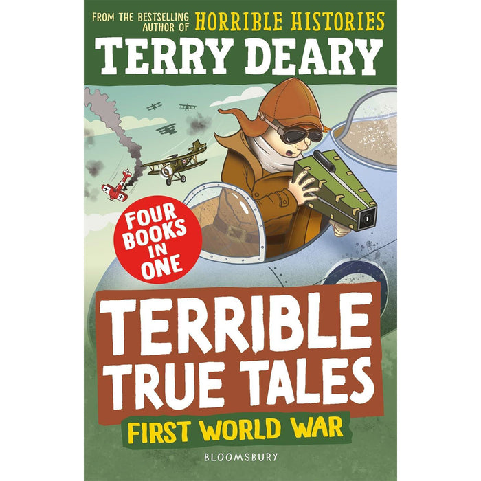 Book cover of 'Terrible True Tales: First World War' by Terry Deary, featuring a character in a vintage airplane. - Image