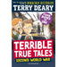 Book cover of 'Terrible True Tales: Second World War' by Terry Deary, featuring cartoon characters and historical scene. - Image